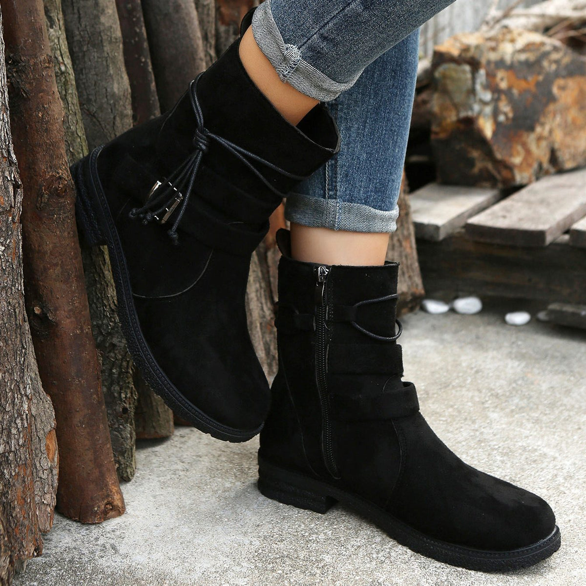Women's Everyday Laced Suede Boots with Round Toe and Side Zip - Black