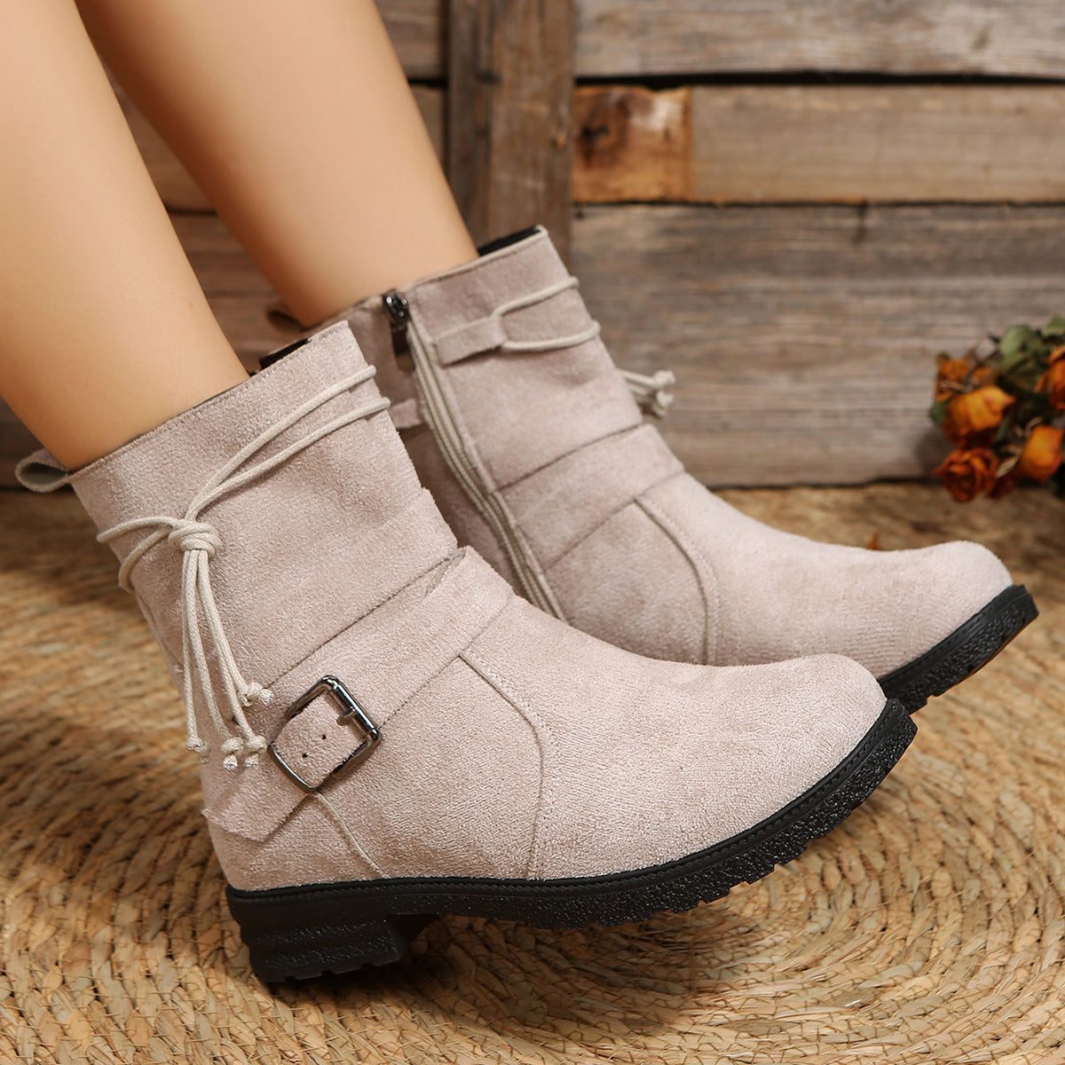 Women's Everyday Laced Suede Boots with Round Toe and Side Zip - Taupe