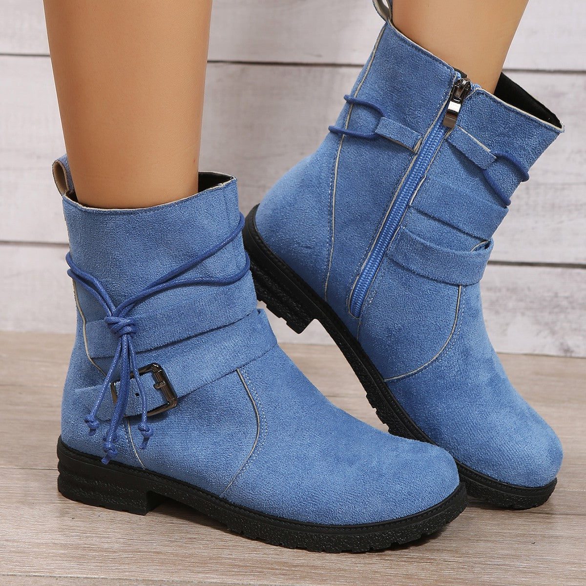 Women's Everyday Laced Suede Boots with Round Toe and Side Zip - Sky Blue