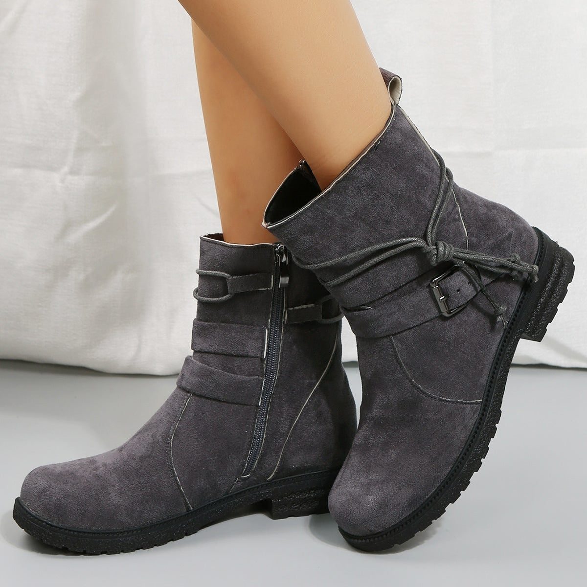 Women's Everyday Laced Suede Boots with Round Toe and Side Zip - Dark Grey