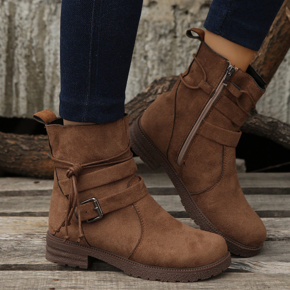 Women's Everyday Laced Suede Boots with Round Toe and Side Zip