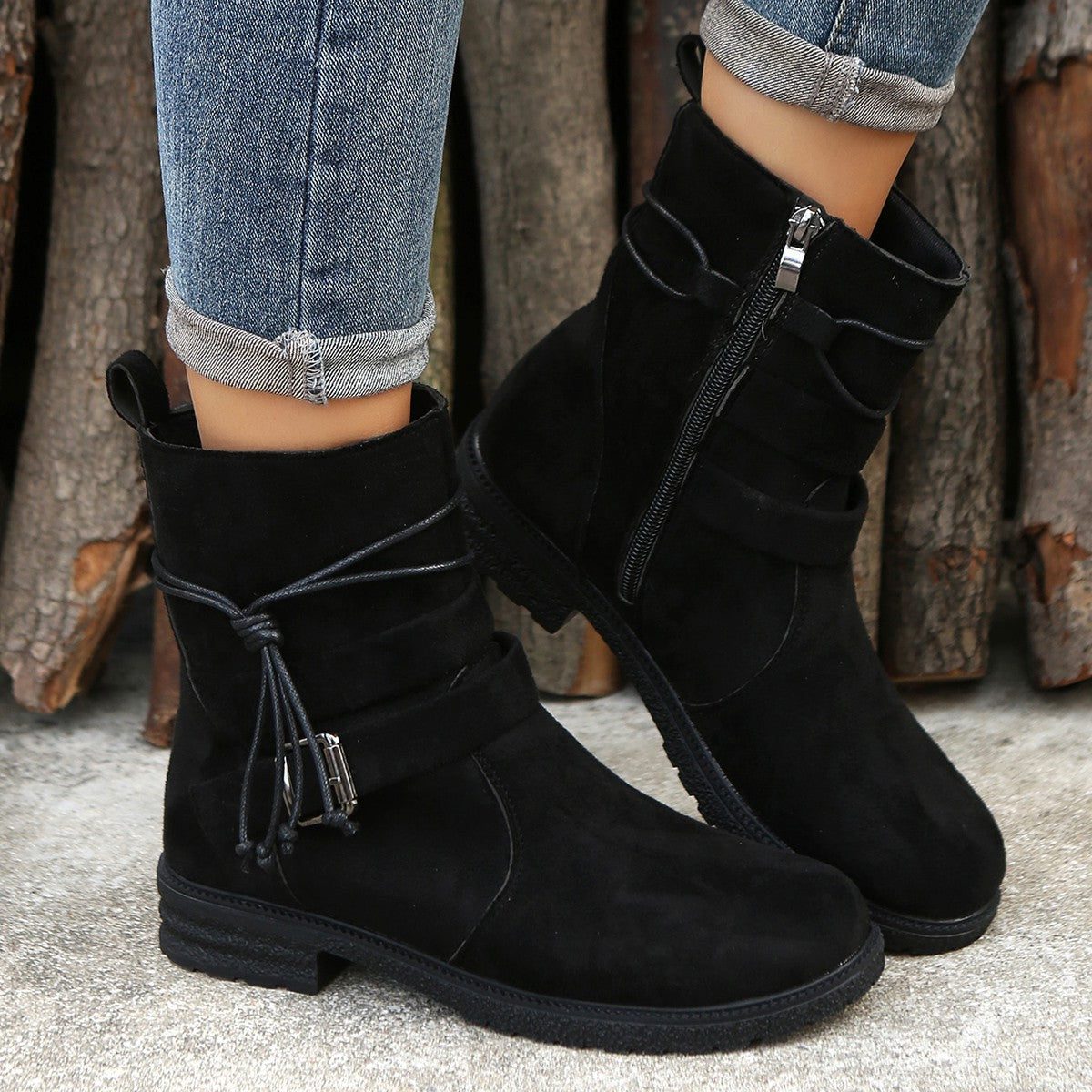 Women's Everyday Laced Suede Boots with Round Toe and Side Zip