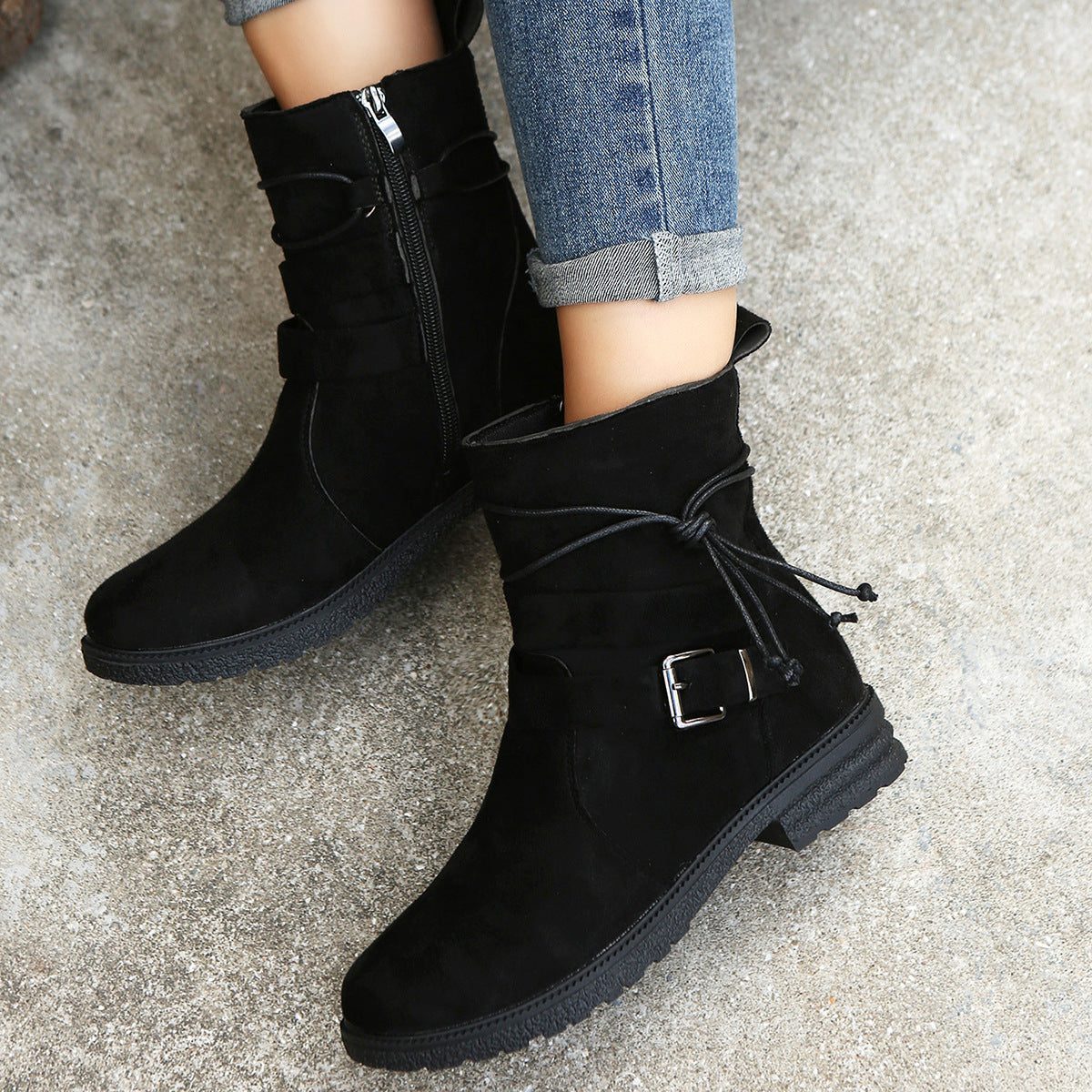 Women's Everyday Laced Suede Boots with Round Toe and Side Zip