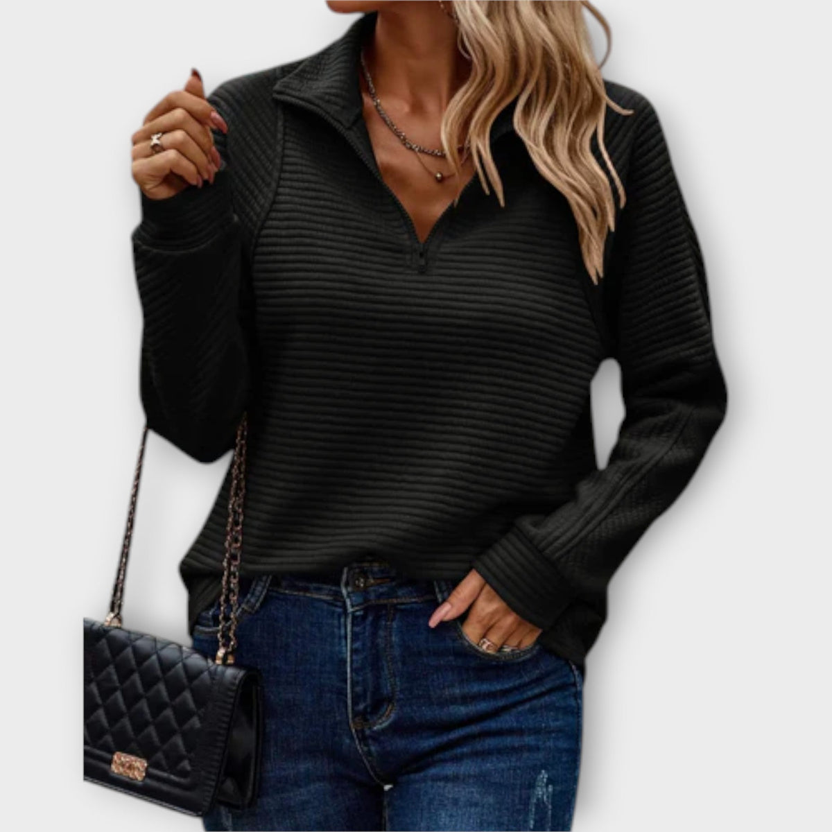 Women's Zipped V-Neck Knit Jumper for Work and Weekend - Black