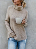 Women's Chunky Textured Fold-Down Roll Neck Jumper - Brown