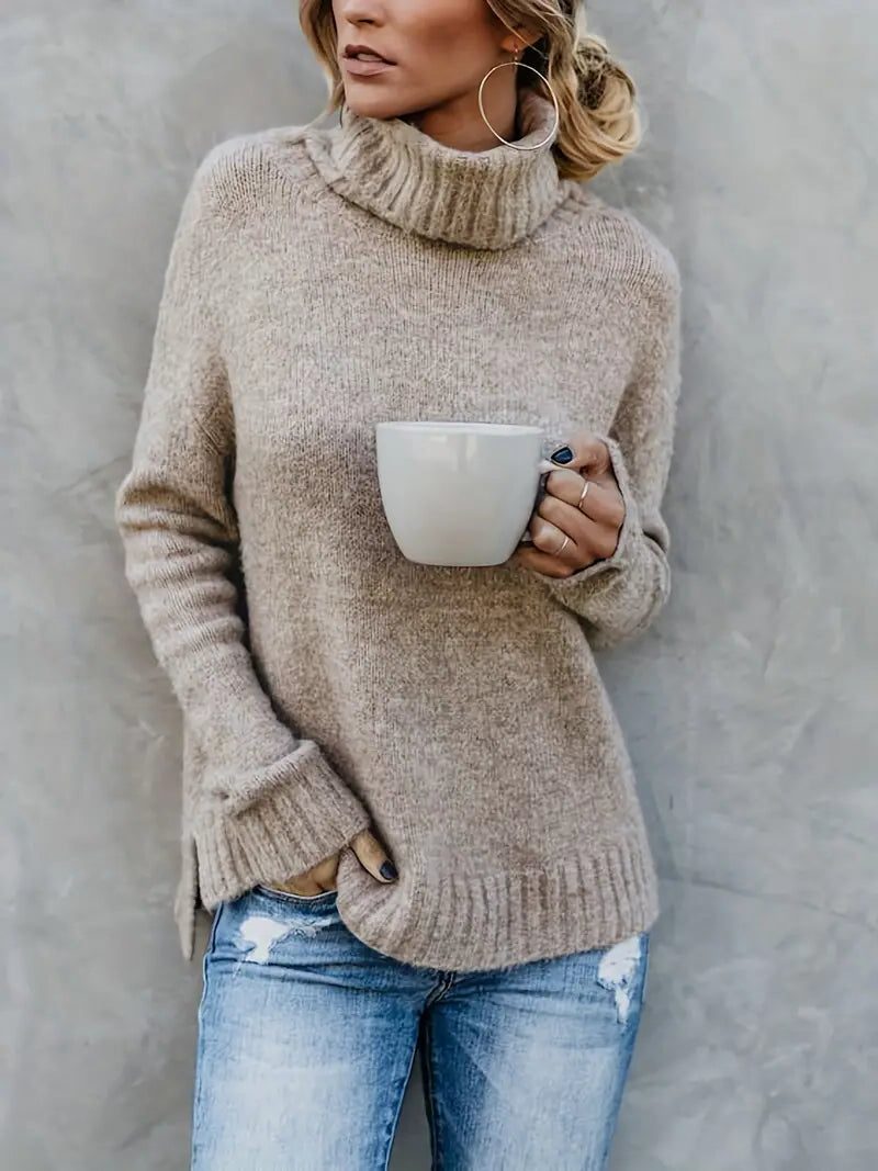 Women's Chunky Textured Fold-Down Roll Neck Jumper - Brown