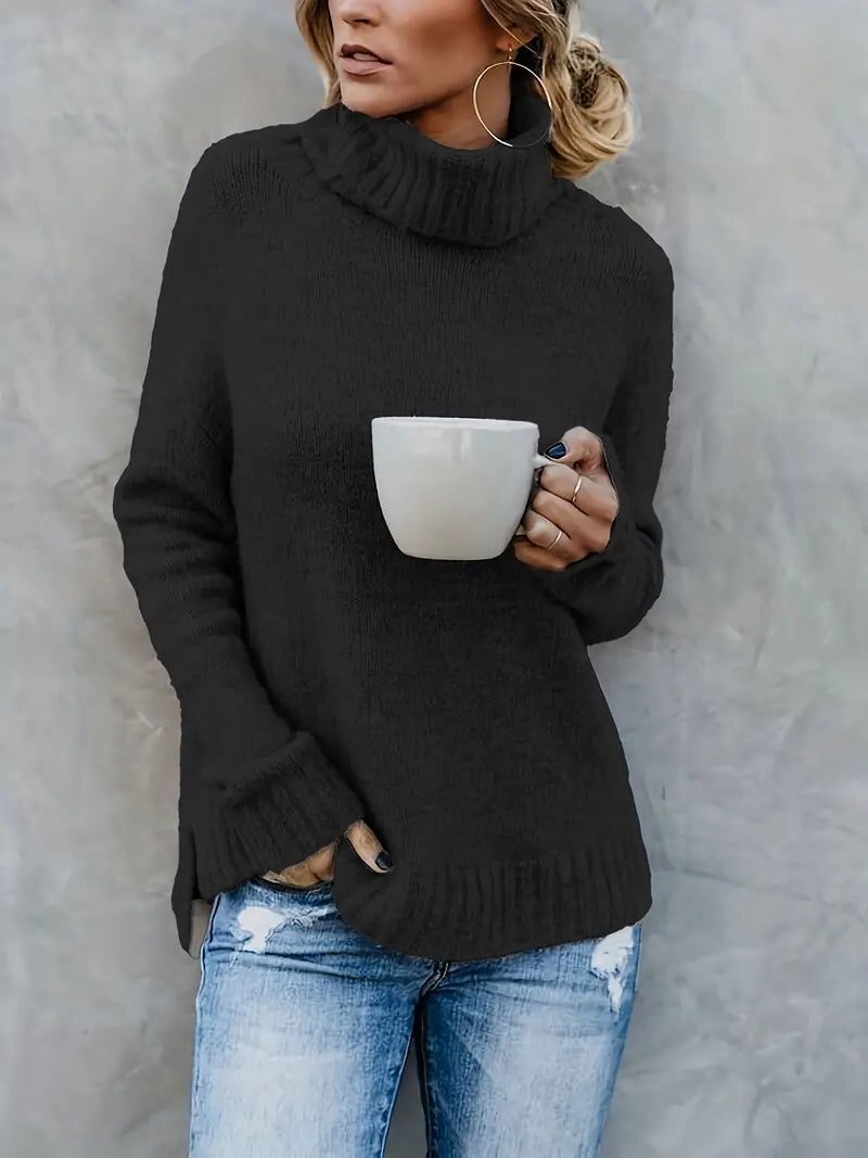 Women's Chunky Textured Fold-Down Roll Neck Jumper - Black