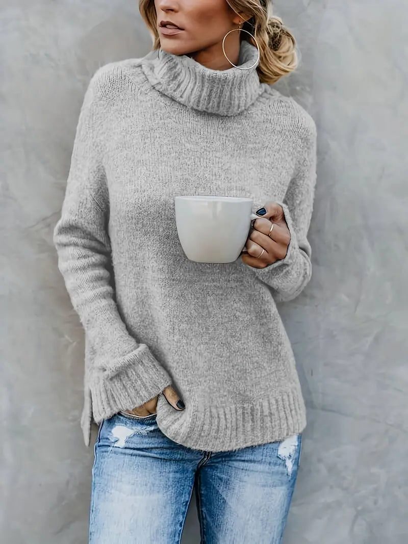 Women's Chunky Textured Fold-Down Roll Neck Jumper - Grey