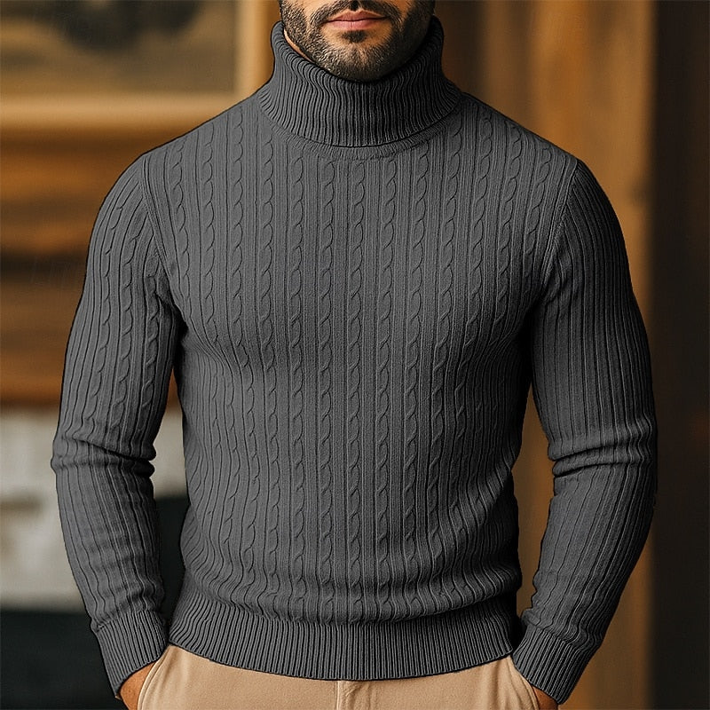 Men's Close-Cut Twisted Cable Roll Neck Jumper - Dark Grey