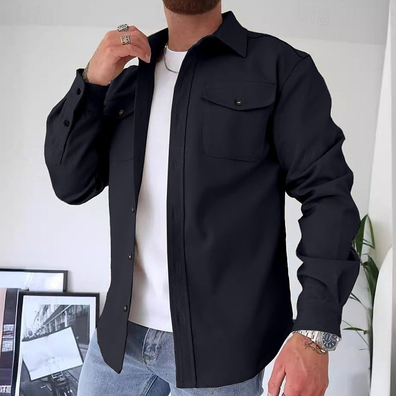 Men's Relaxed-Fit Two-Pocket Overshirt for Everyday Layering - Navy Blue