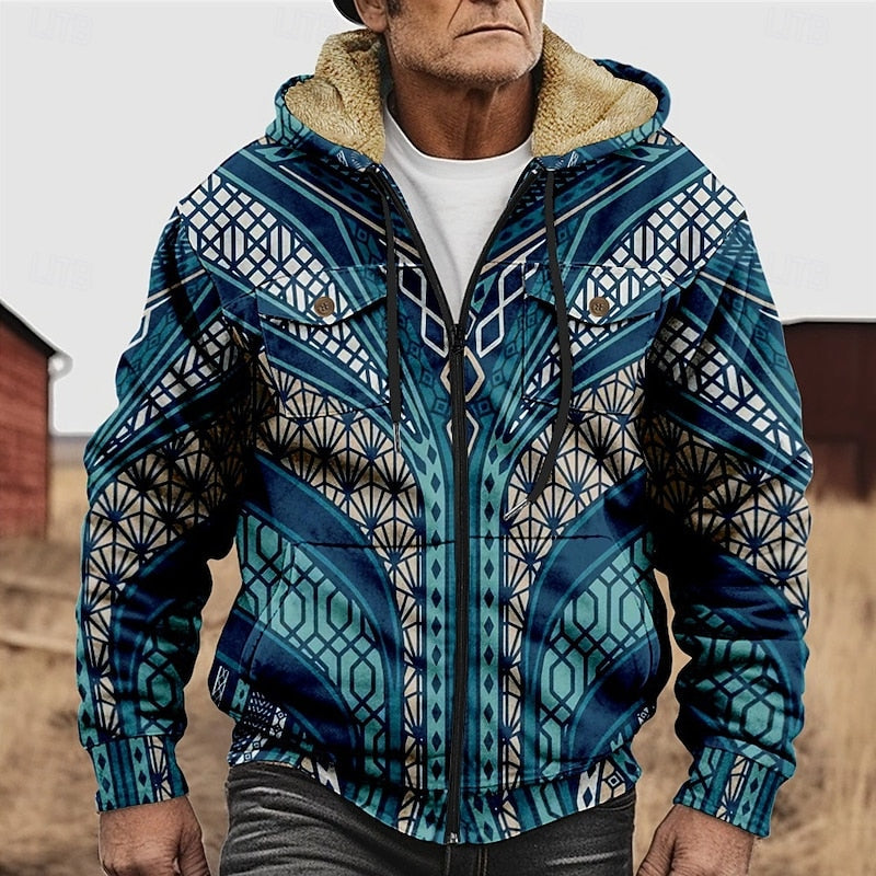 Men's All-Over Print Relaxed Hooded Jacket with Soft Lining - Blue