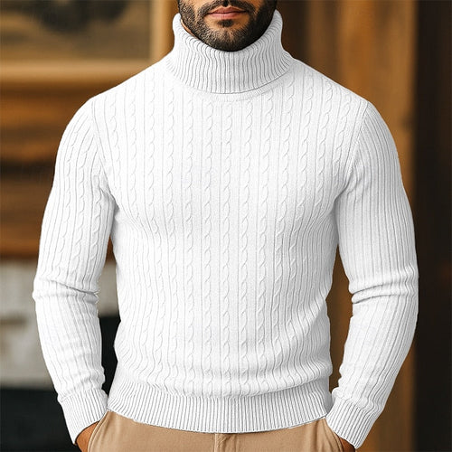 Men's Close-Cut Twisted Cable Roll Neck Jumper - White
