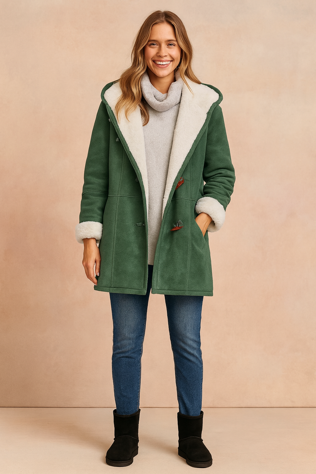 Women's Toggle-Front Duffle Coat with Patch Pockets and Lined Hood - Green