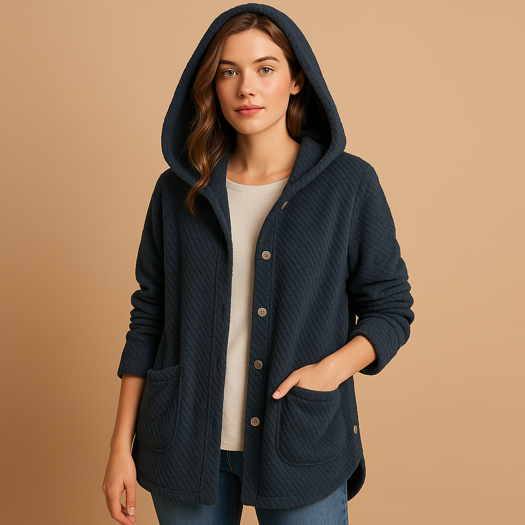 Women's Two-Way Reversible Fleece with Generous Hood - Navy Blue
