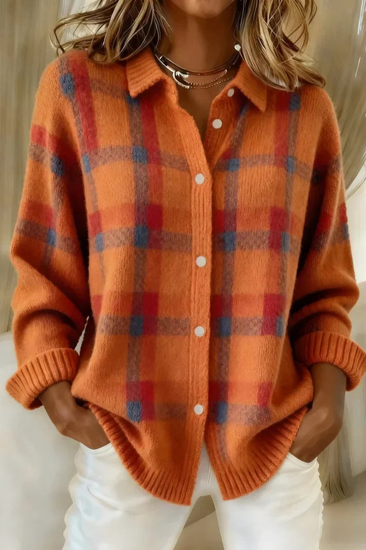 Women's Relaxed Longline Cardigan with Classic Button Front - Orange