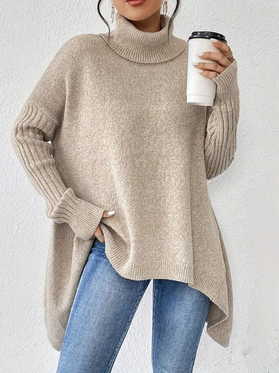 Women's Oversized Ribbed Roll Neck Jumper with Dipped Hem - Beige