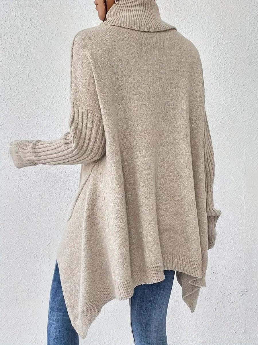 Women's Oversized Ribbed Roll Neck Jumper with Dipped Hem