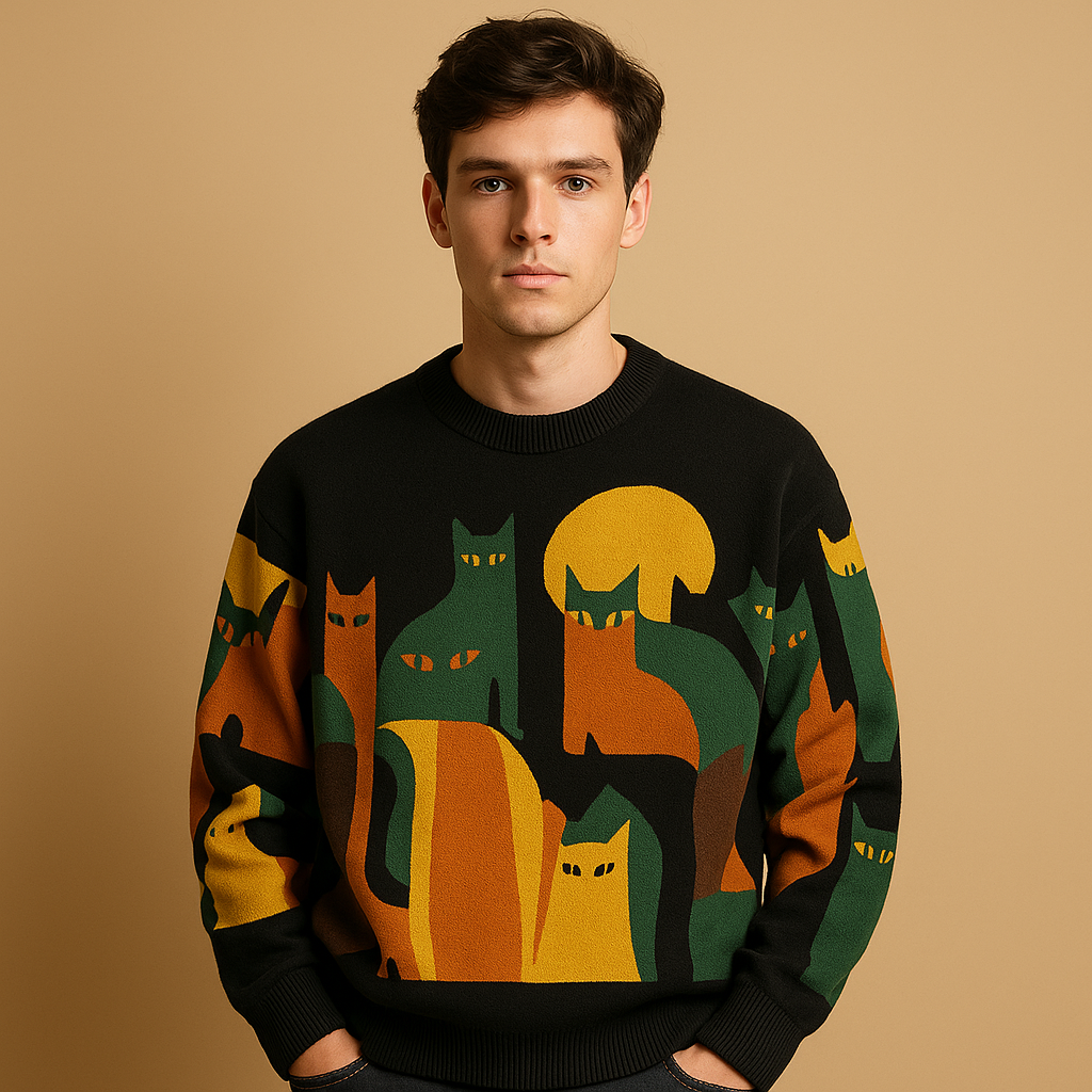 Men's Statement-Print Oversized Crew Jumper for Weekends - Black