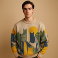 Men's Statement-Print Oversized Crew Jumper for Weekends - Beige