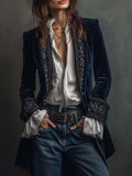 Women's Velvet Party Blazer with Embroidered Cuffs - Navy