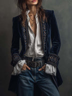 Women's Velvet Party Blazer with Embroidered Cuffs - Navy