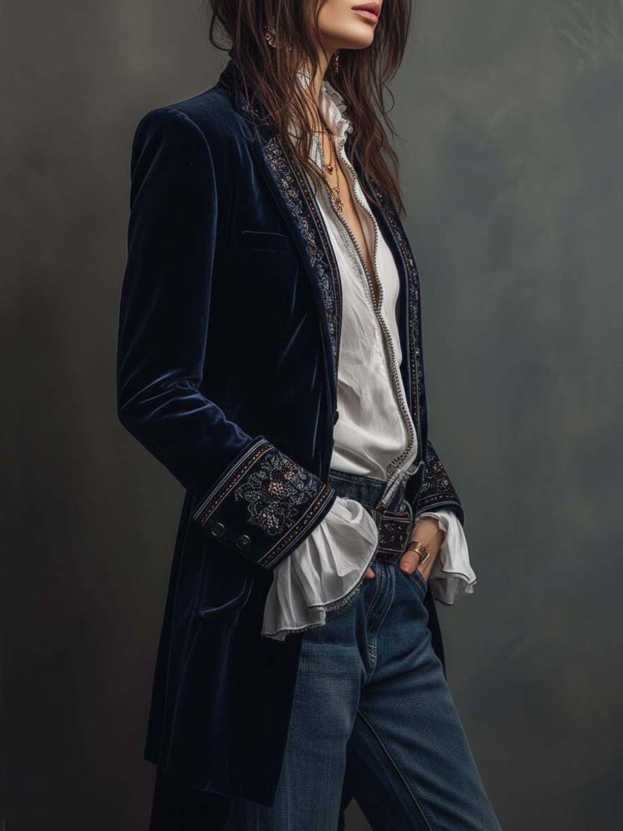Women's Velvet Party Blazer with Embroidered Cuffs
