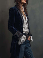 Women's Velvet Party Blazer with Embroidered Cuffs