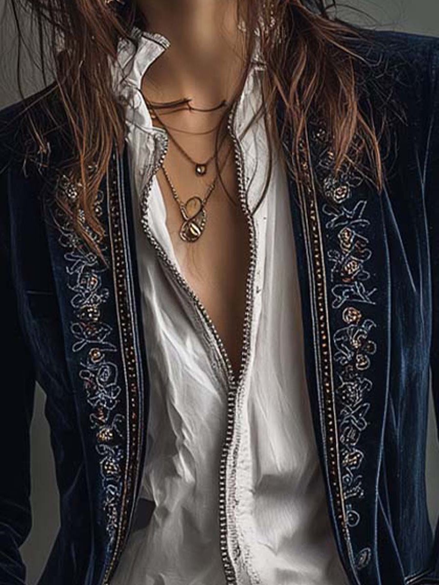 Women's Velvet Party Blazer with Embroidered Cuffs