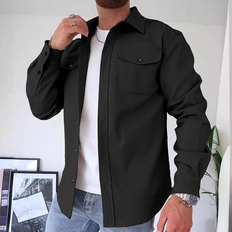 Men's Relaxed-Fit Two-Pocket Overshirt for Everyday Layering - Black