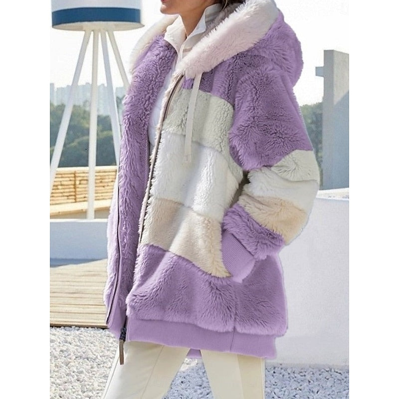 Women's Full-Zip Plush Hooded Jacket in a Roomy Cut - Light Purple