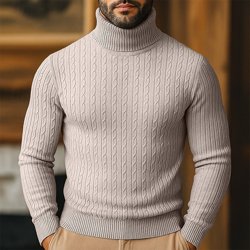 Men's Close-Cut Twisted Cable Roll Neck Jumper - Beige