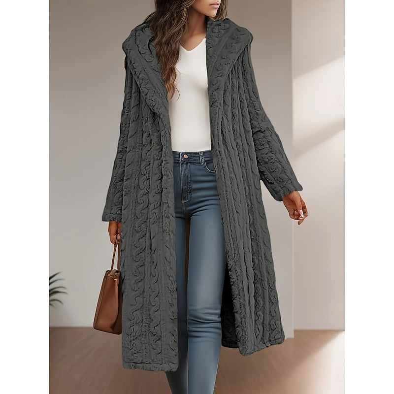 Women's Soft-Touch Longline Hooded Coat with Deep Pockets - Grey