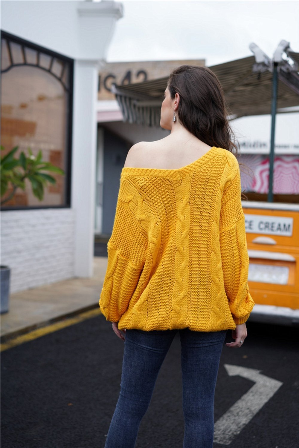 Women's Wide-Neck Cable-Knit Jumper with Ribbed Trims