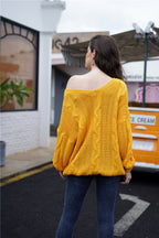 Women's Wide-Neck Cable-Knit Jumper with Ribbed Trims