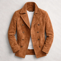 Men's Short Double-Breasted Coat with Matt Suede-Effect Finish - Brown
