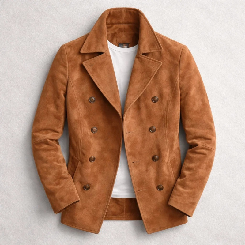 Men's Short Double-Breasted Coat with Matt Suede-Effect Finish - Brown