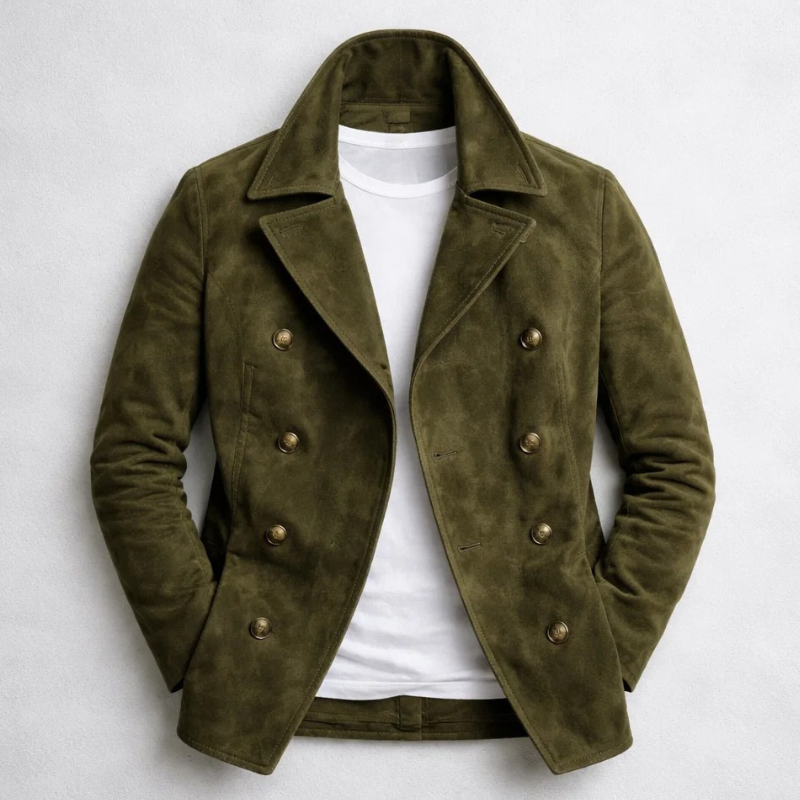 Men's Short Double-Breasted Coat with Matt Suede-Effect Finish - Olive