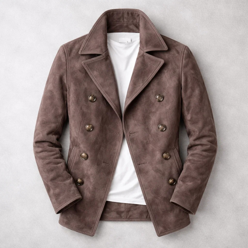 Men's Short Double-Breasted Coat with Matt Suede-Effect Finish - Taupe