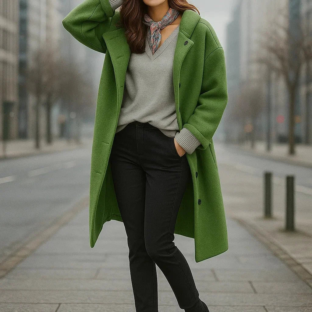 Women's Roomy Wool Longline Coat for Layering Over Knits - Green