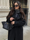 Women's Tie-Belt Strap-Cuff Long Coat in Heavy Wool-Look Fabric - Black