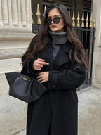 Women's Tie-Belt Strap-Cuff Long Coat in Heavy Wool-Look Fabric - Black