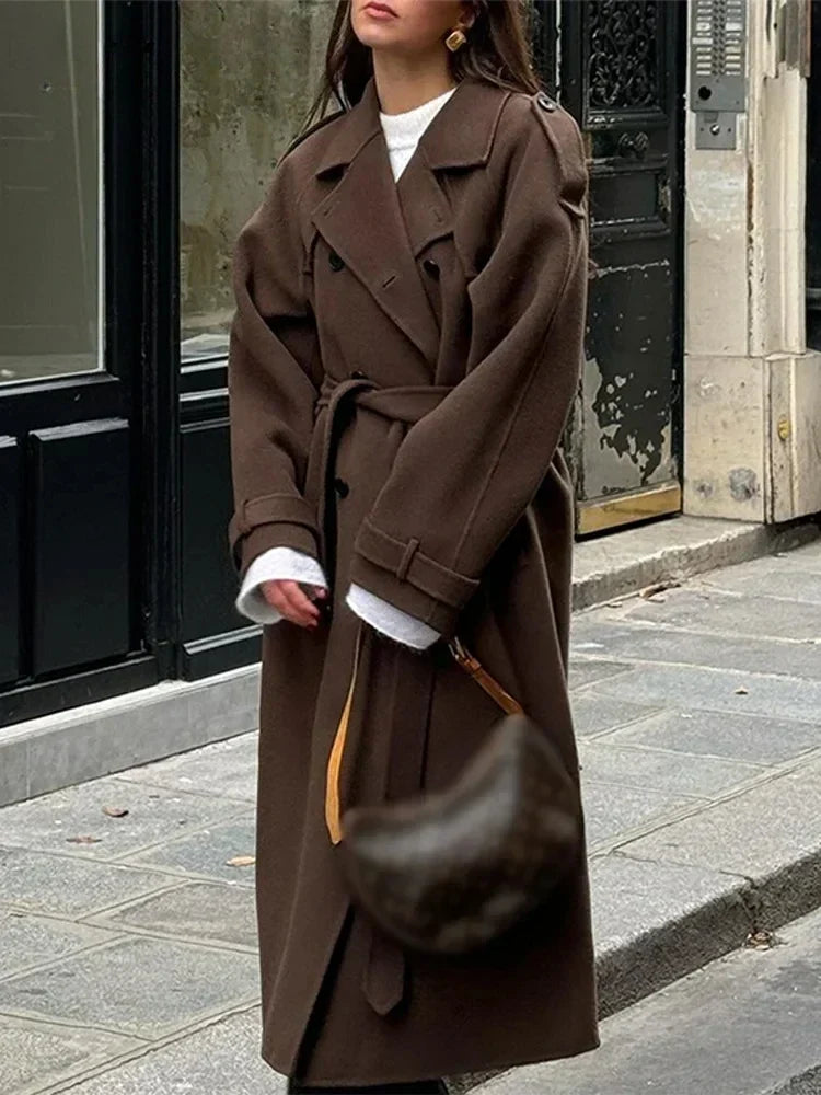 Women's Tie-Belt Strap-Cuff Long Coat in Heavy Wool-Look Fabric - Brown
