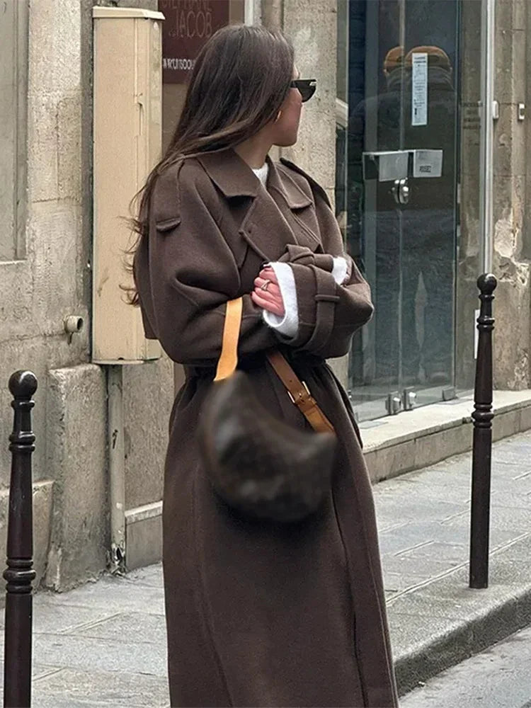 Women's Tie-Belt Strap-Cuff Long Coat in Heavy Wool-Look Fabric