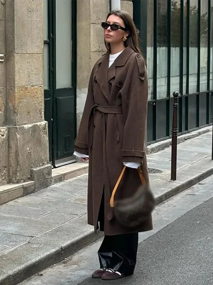Women's Tie-Belt Strap-Cuff Long Coat in Heavy Wool-Look Fabric