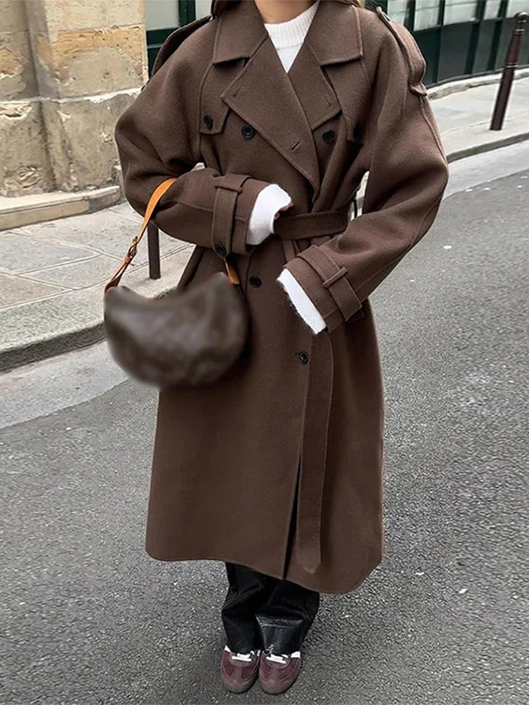 Women's Tie-Belt Strap-Cuff Long Coat in Heavy Wool-Look Fabric