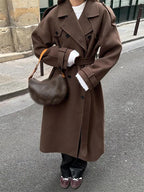Women's Tie-Belt Strap-Cuff Long Coat in Heavy Wool-Look Fabric