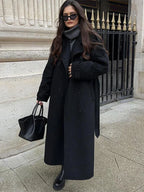 Women's Tie-Belt Strap-Cuff Long Coat in Heavy Wool-Look Fabric
