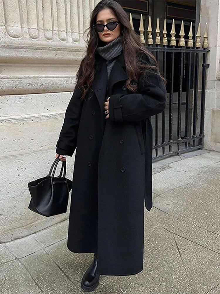 Women's Tie-Belt Strap-Cuff Long Coat in Heavy Wool-Look Fabric