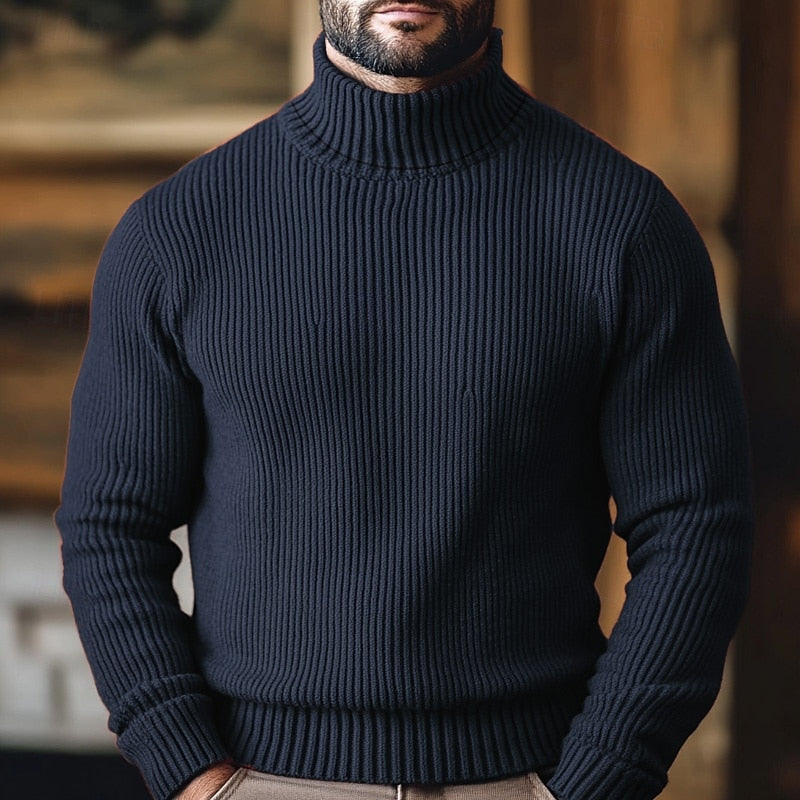 Men's Non-Cling Rib Knit Polo Neck Jumper - Navy Blue