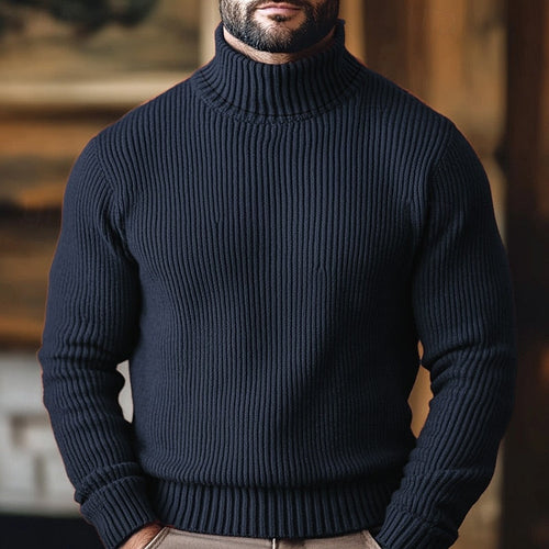 Men's Non-Cling Rib Knit Polo Neck Jumper - Navy Blue